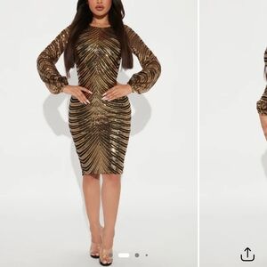Fashion Nova Metallic Gold Long Sleeve Dress